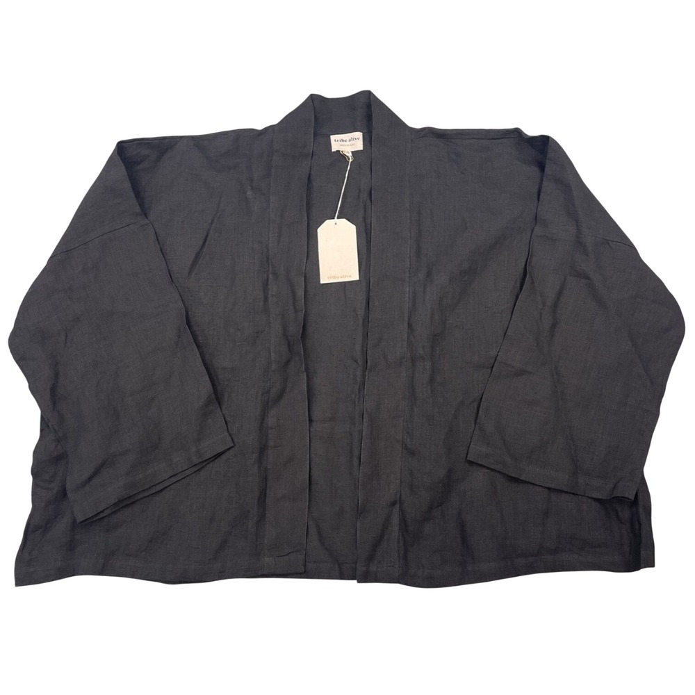 Tribe Alive Black Organic Linen Open Front Cardigan Kimono One Size O/S - NWT